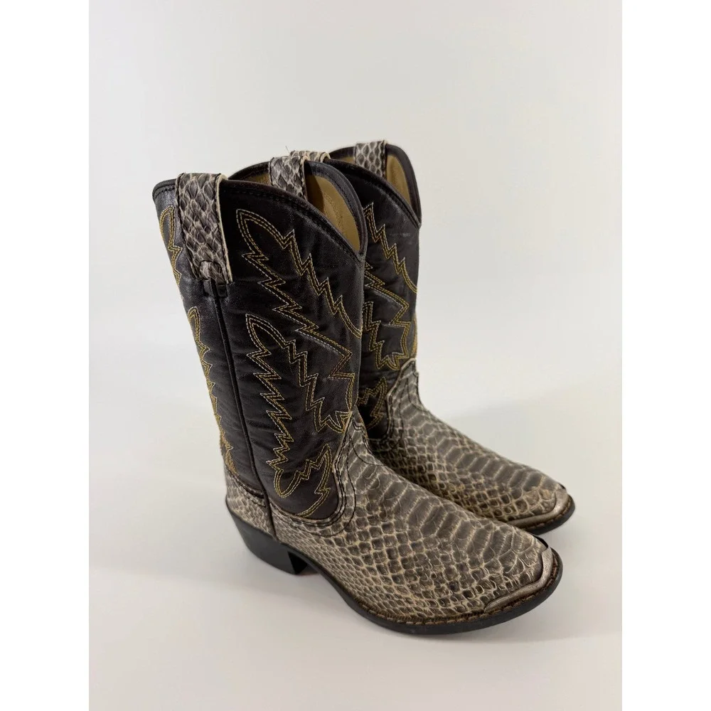 Laredo Kids Western Cowboy Boots Faux Snakeskin Brown Snip Toe Stitching 9 Inch